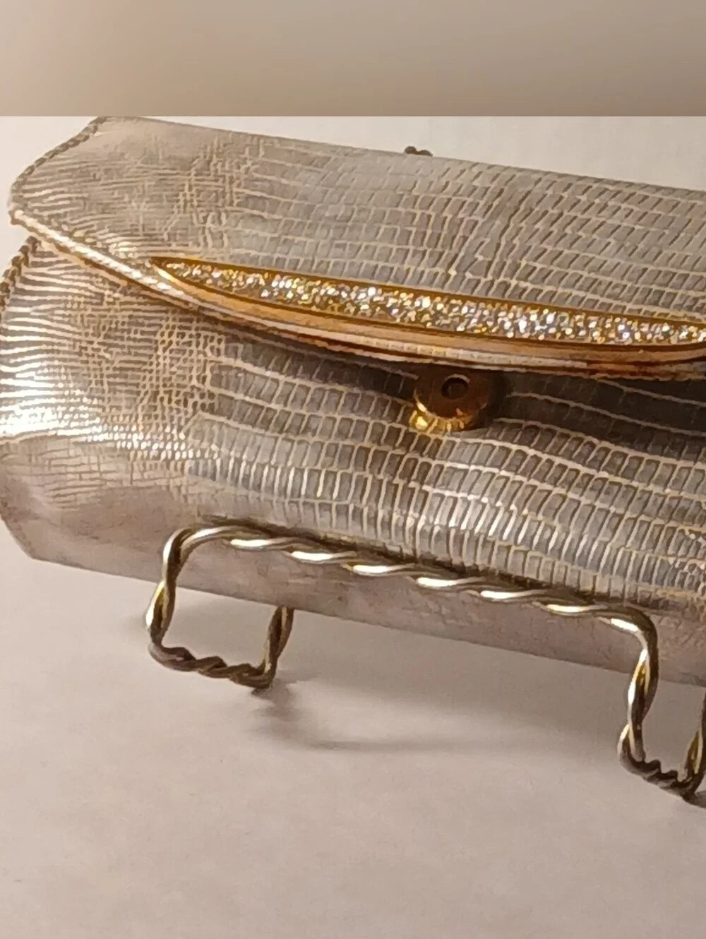 Judith Leiber Metallic Gold Lizzard Embossed Leather  Crystal Evening Clutch